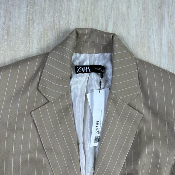 NWT Zara Beige Pin Stripe One Button Notch Lapel Trendy Chic Blazer Jacket Small - Picture 10 of 15
